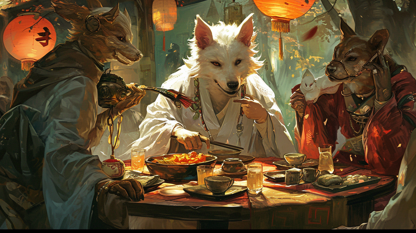 Dog and human enjoying Japanese and Indian cuisine