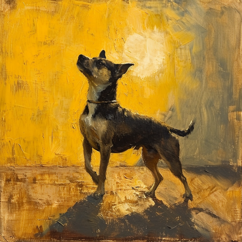 Dog in oil painting with sun