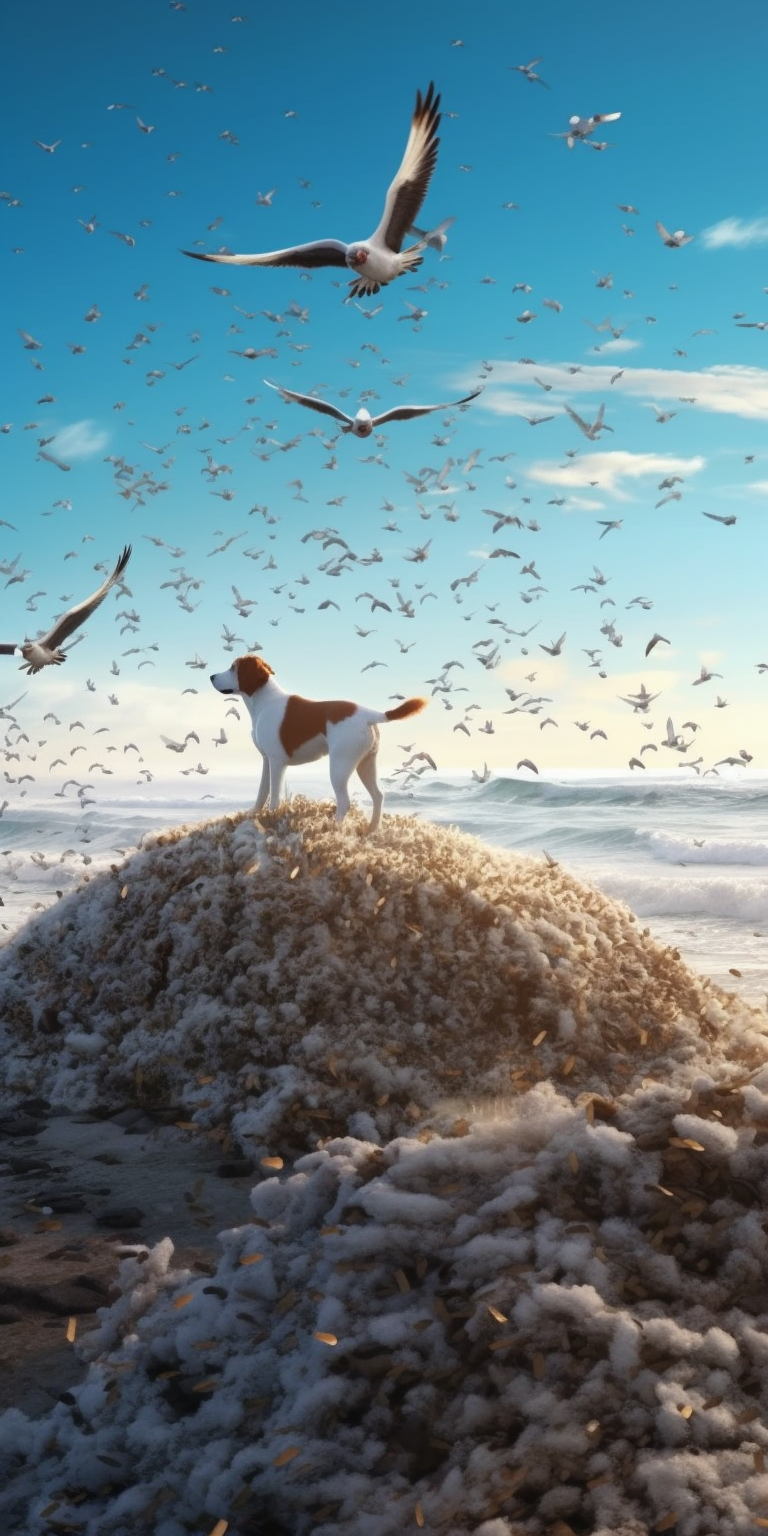 Little dog jumping to catch seagulls