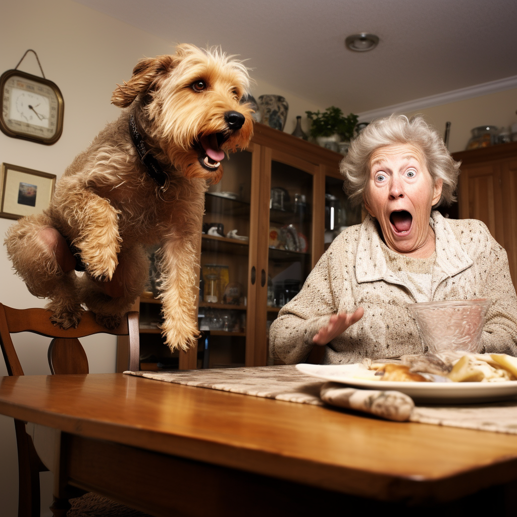 Dog leaping onto kitchen table in front of elderly woman