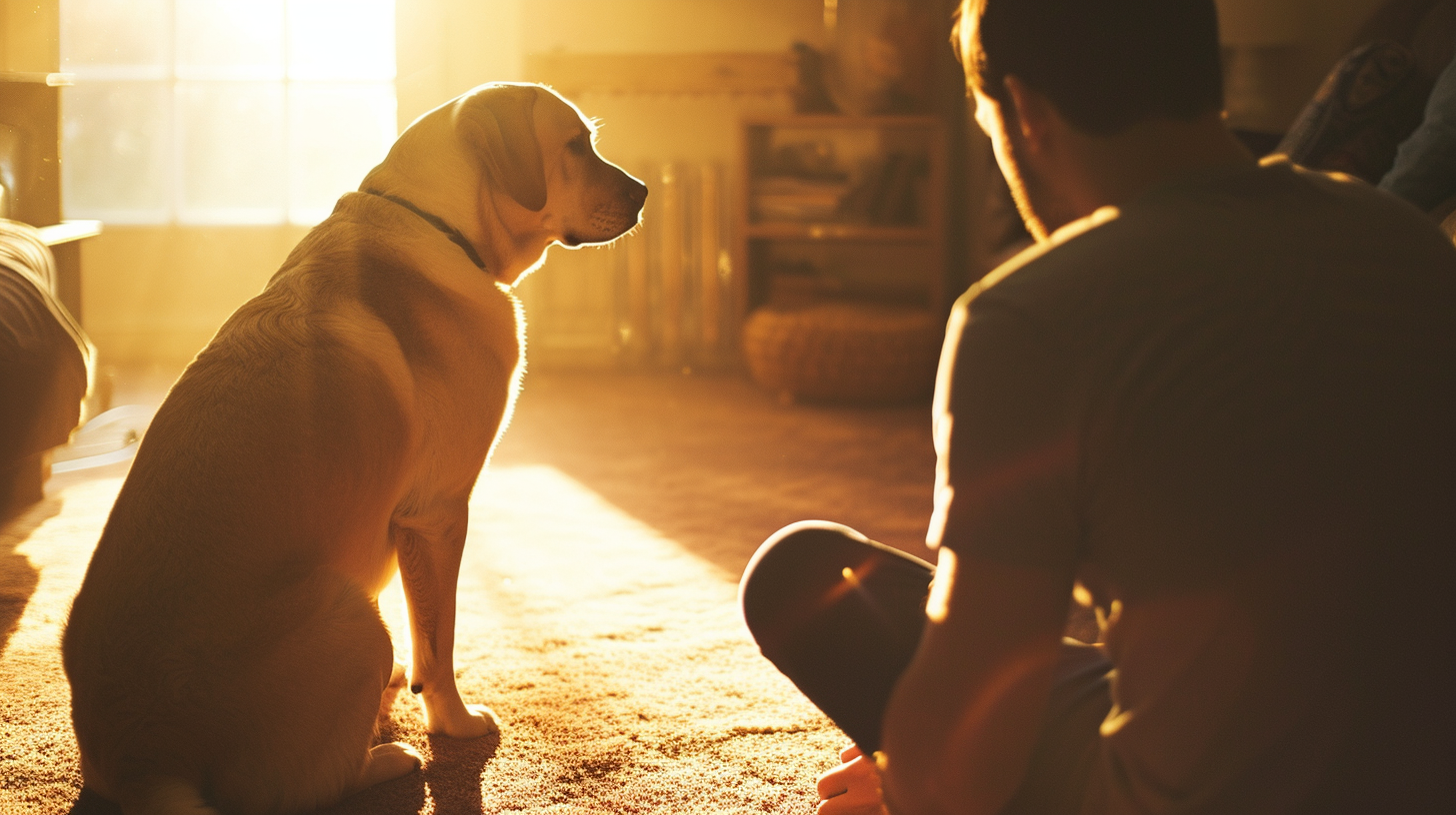 Dog and Man on Carpeted Floor in Morning Sun