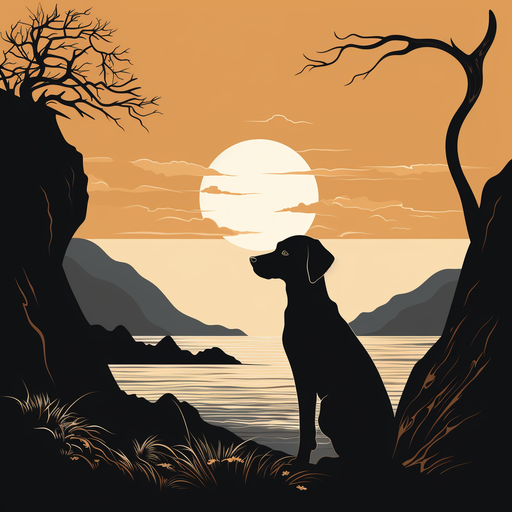 Simple black and white dog and moon illustration