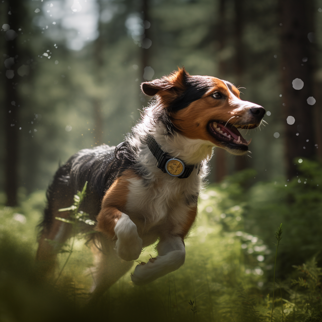 Dog running in the forest with GPS tracker