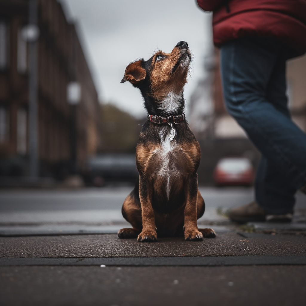 Adorable dog looking up at owner