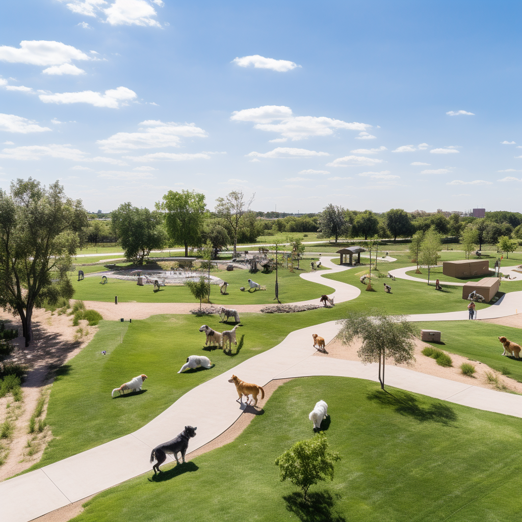 Sprawling dog park with happy pups playing