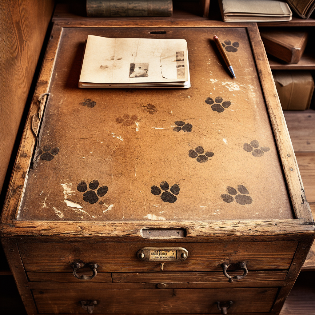 Dog paw prints on vintage desk