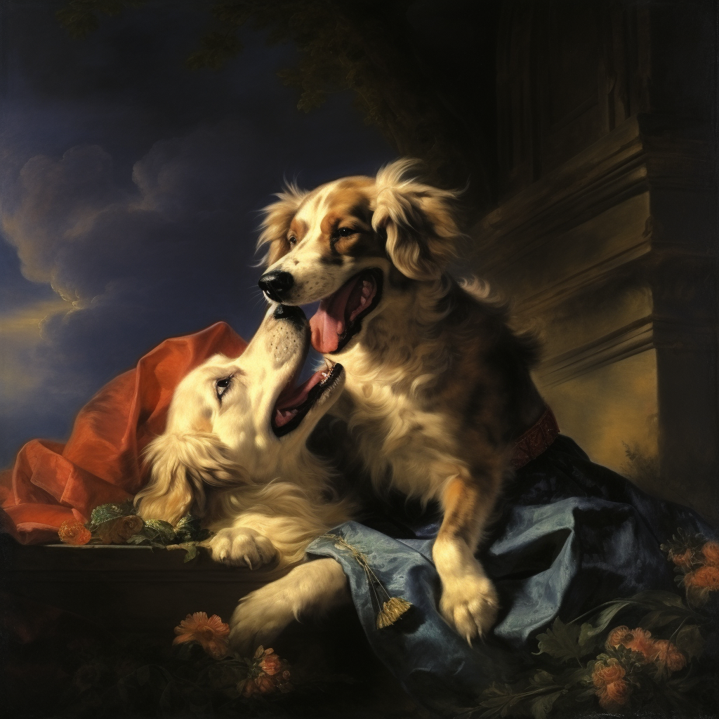 Dog playing with another in painting