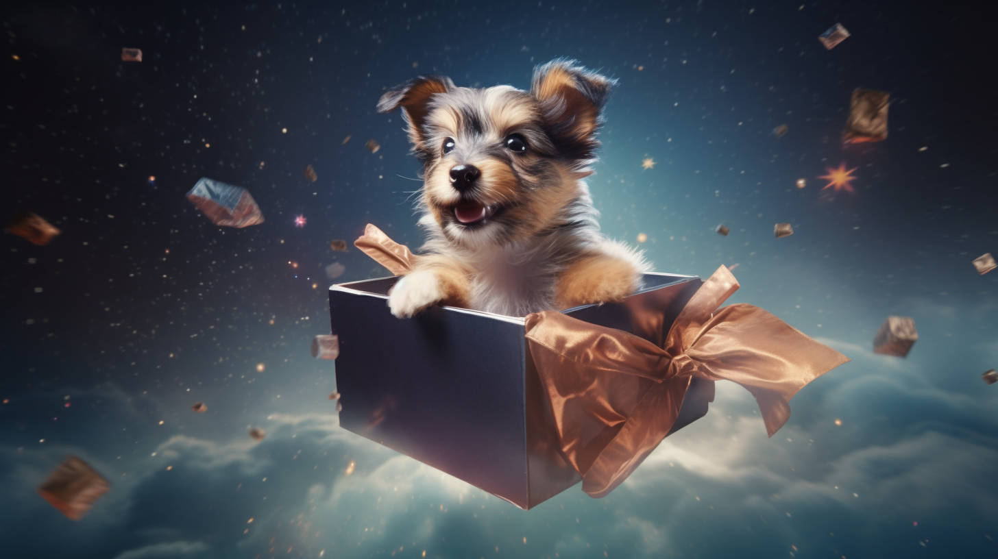 Cute dog puppy in a gift box in space