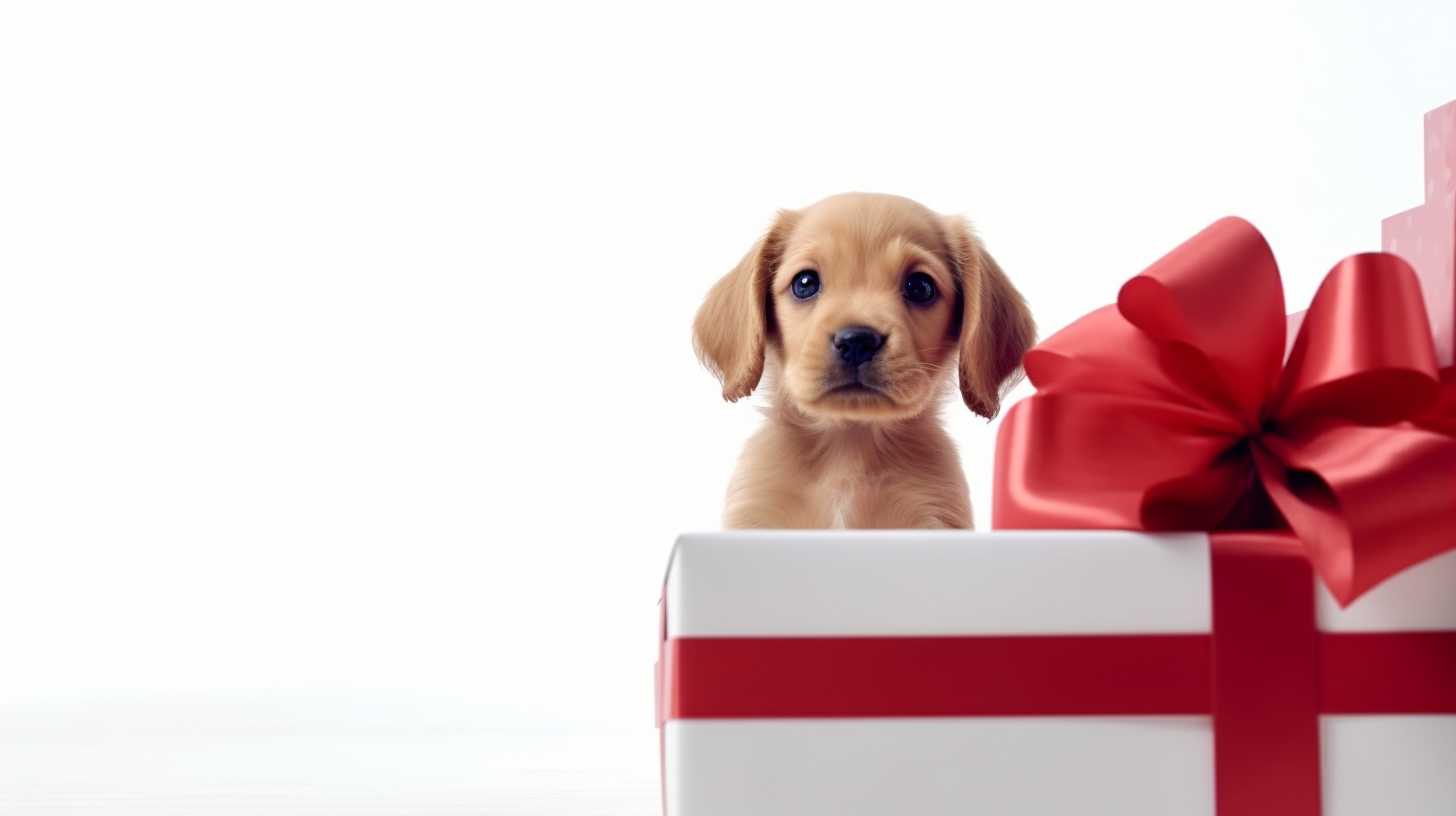 Cute dog puppy in a gift box