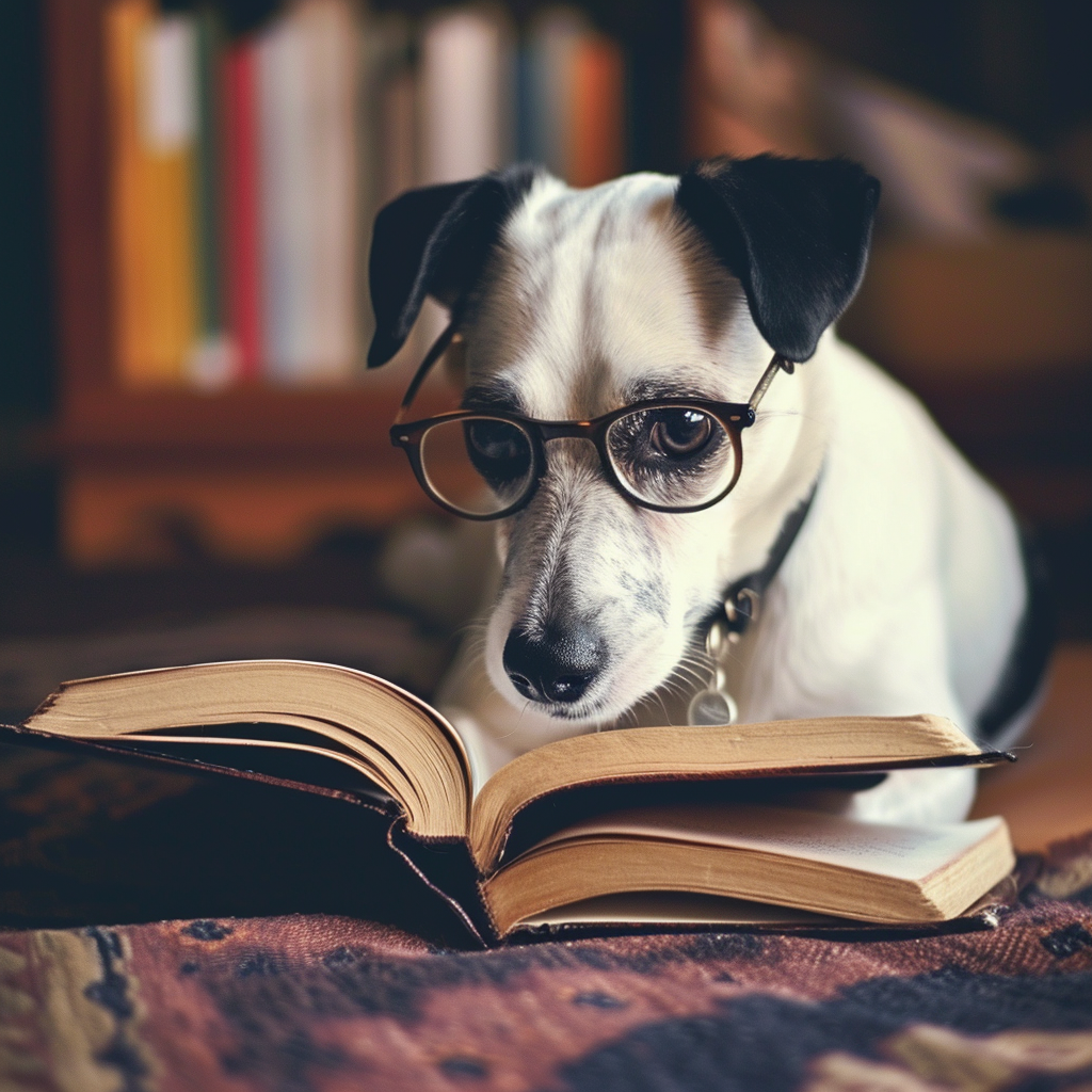 Adorable dog engrossed in book