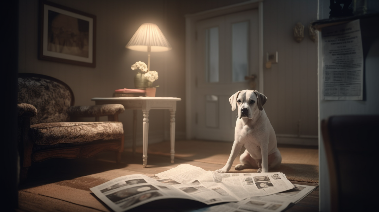 Cute dog reading newspaper in modern living room  ?