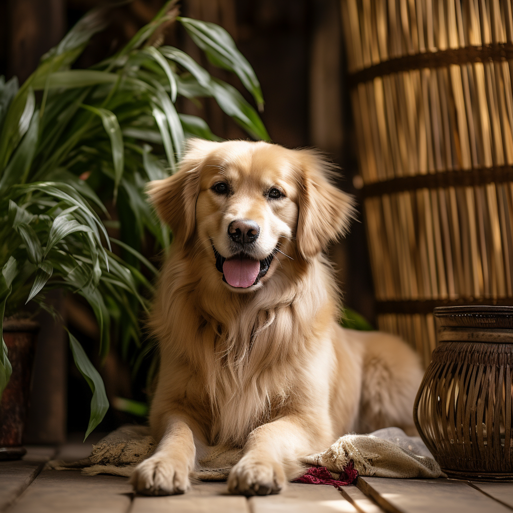 Golden Retriever Sitting Next to Bamboo Basket