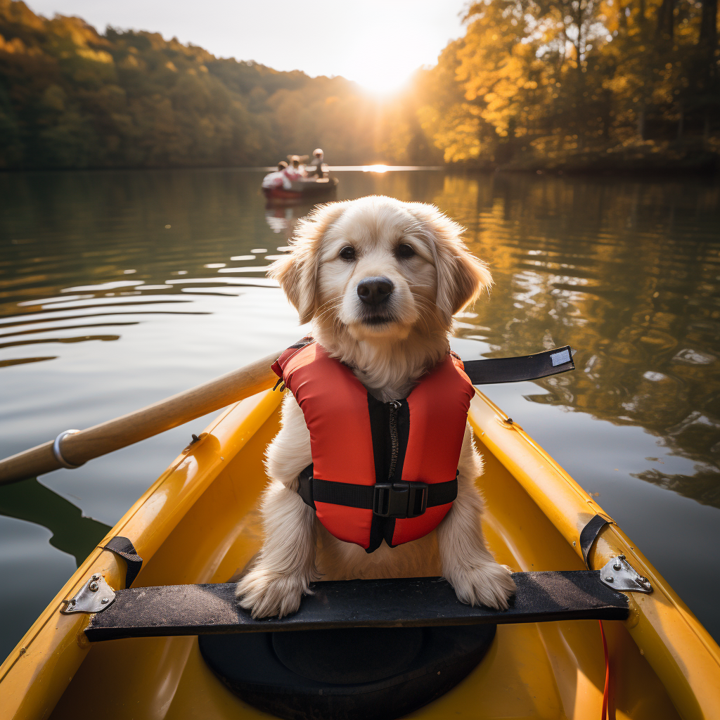 Dog in Canoe with Life Jacket