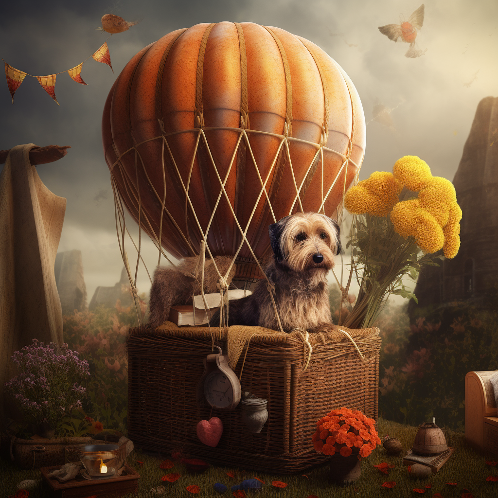 Dog sitting in basket with flowers and air balloon