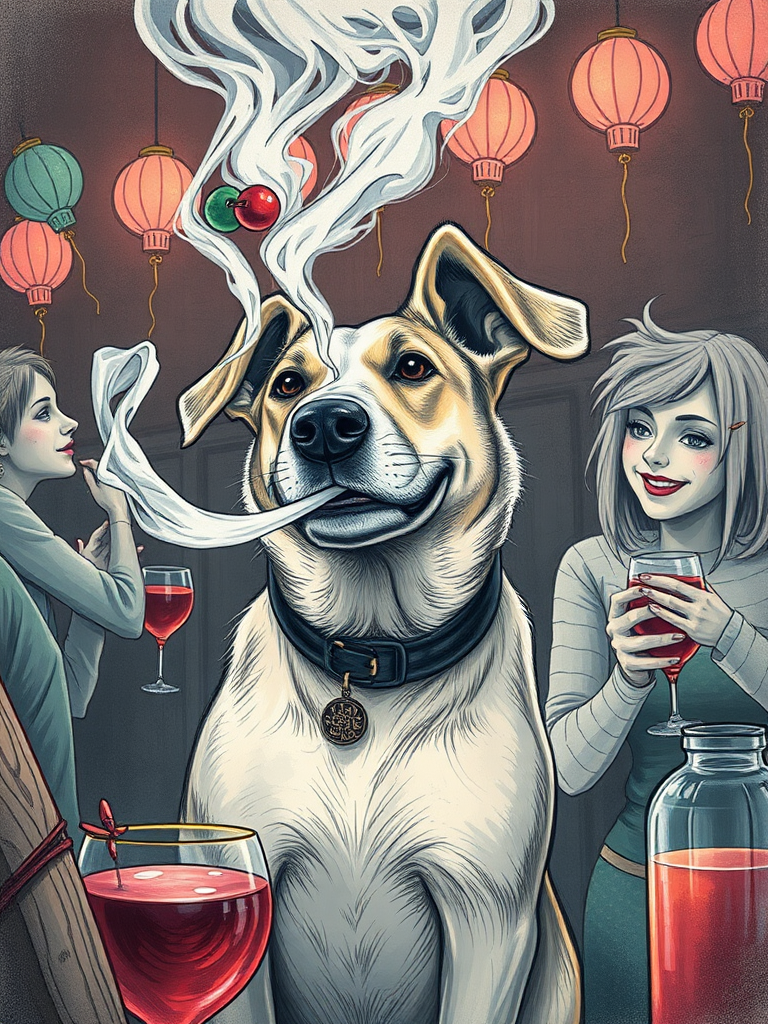 dog smoking, party, drawing