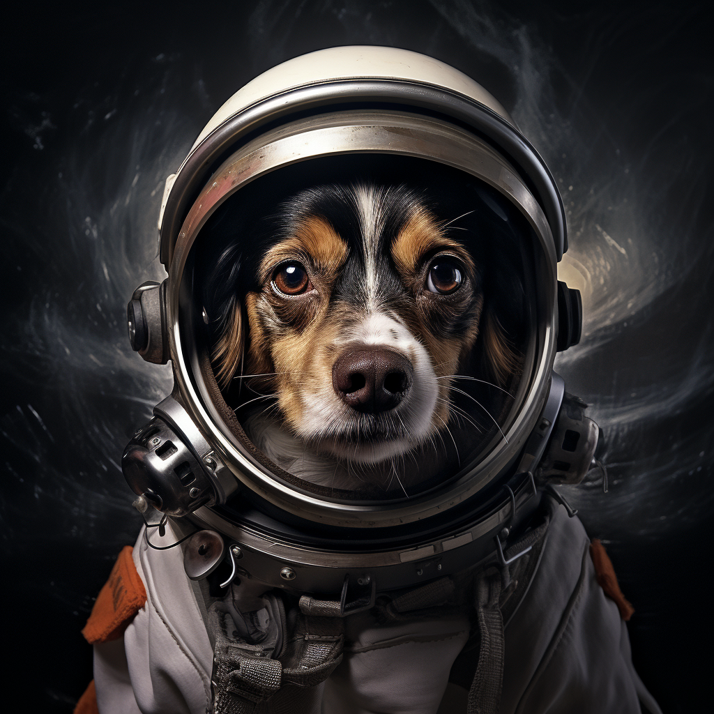 Dog wearing spacesuit in hyperrealism photography