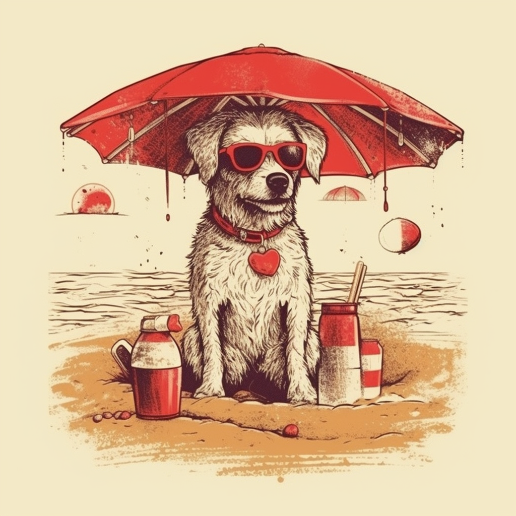 Dog wearing sunglasses with beers and umbrella