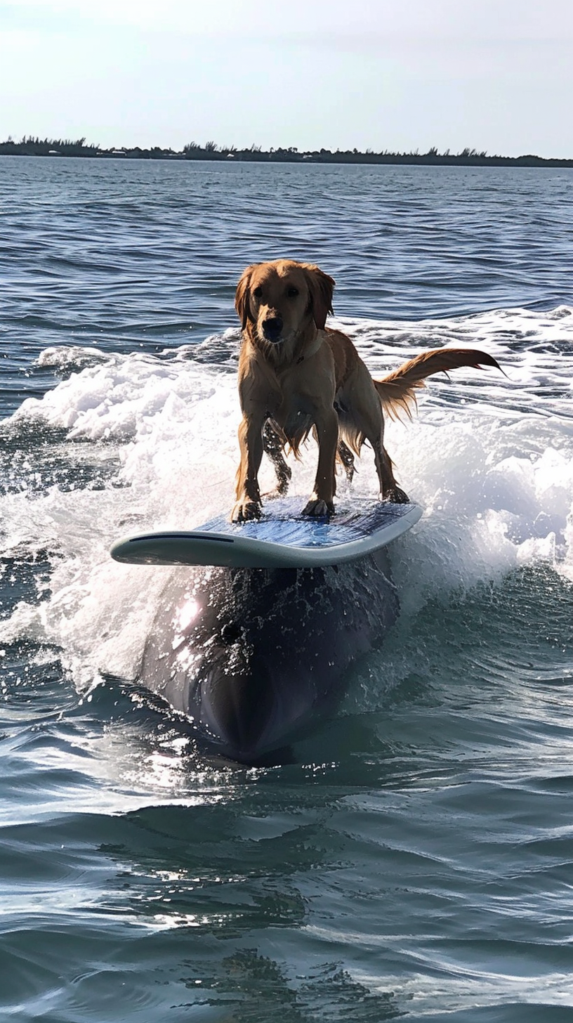 Dog surfing on a dolphin