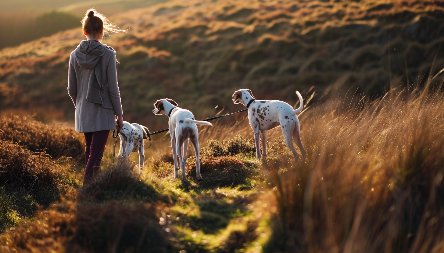 Image of a dog trainer woman with whippets in the wild