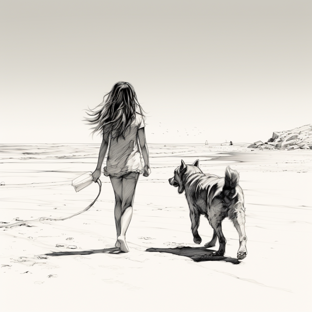 Dog walking on beach with girl