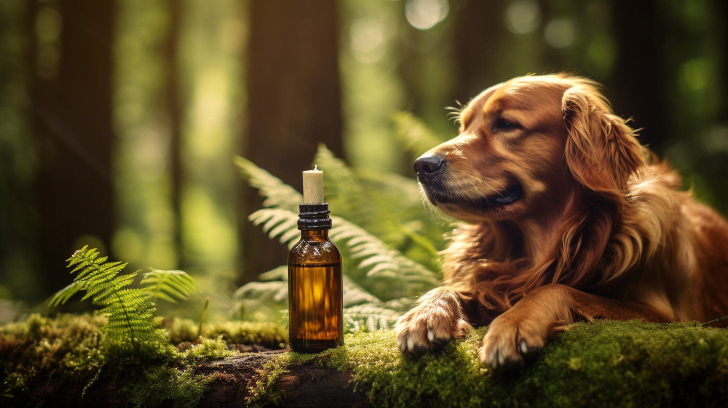 Dog with Brown Bottle in Forest