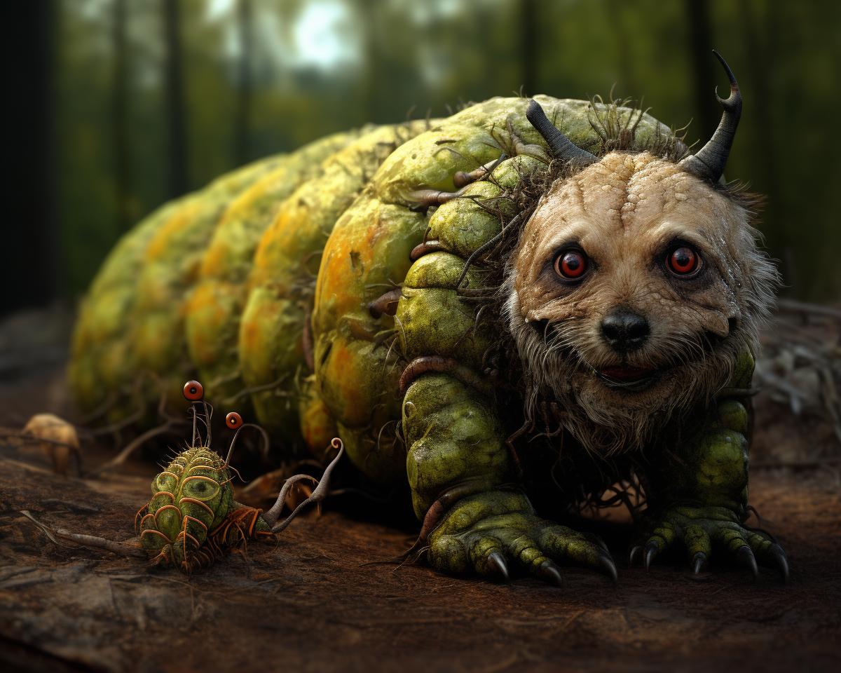 Photo realistic dog-caterpillar combined creature