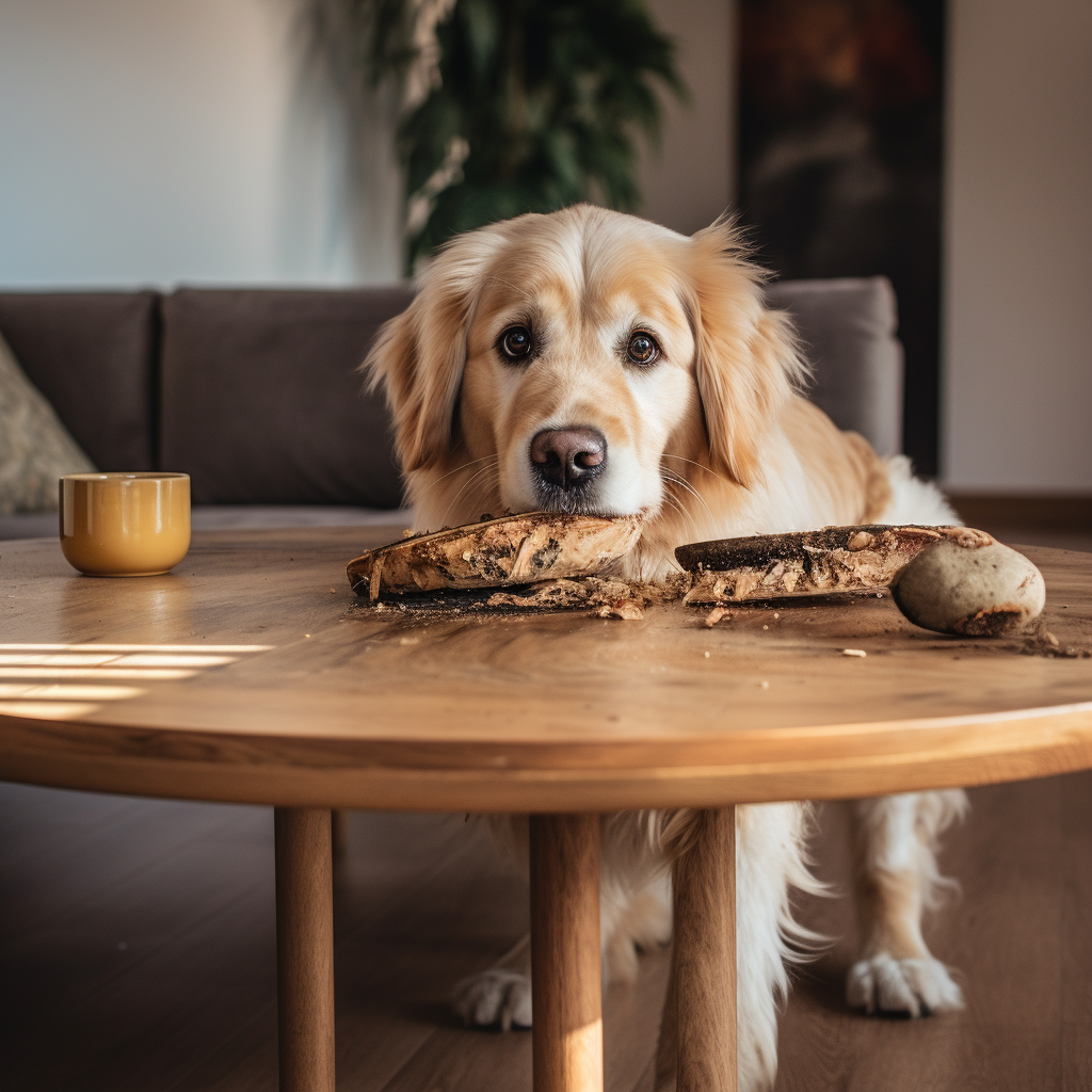 Dog happily chewing wooden coffee table