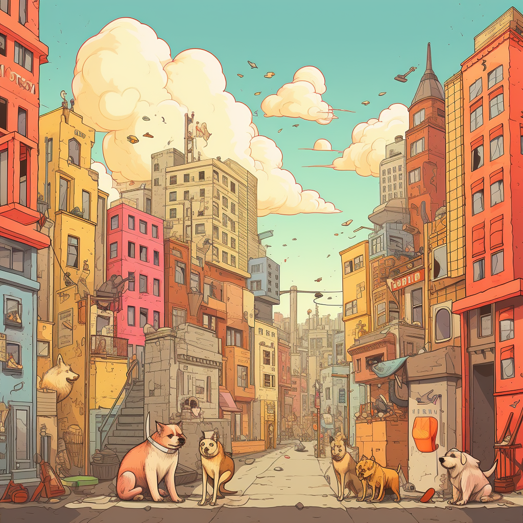 Cartoon dog in a vibrant city