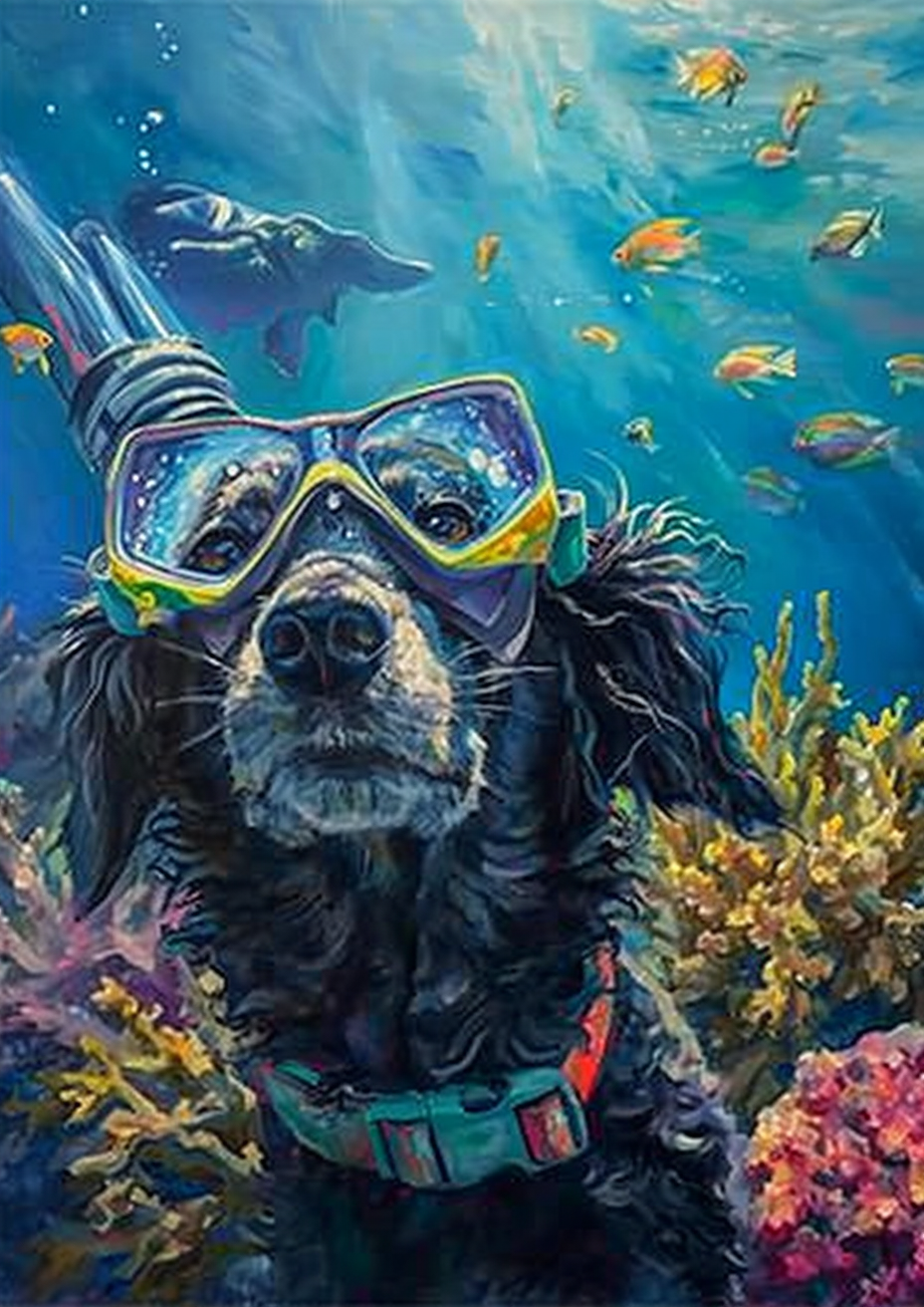 Dog in Diving Costume Swimming with Colorful Fish