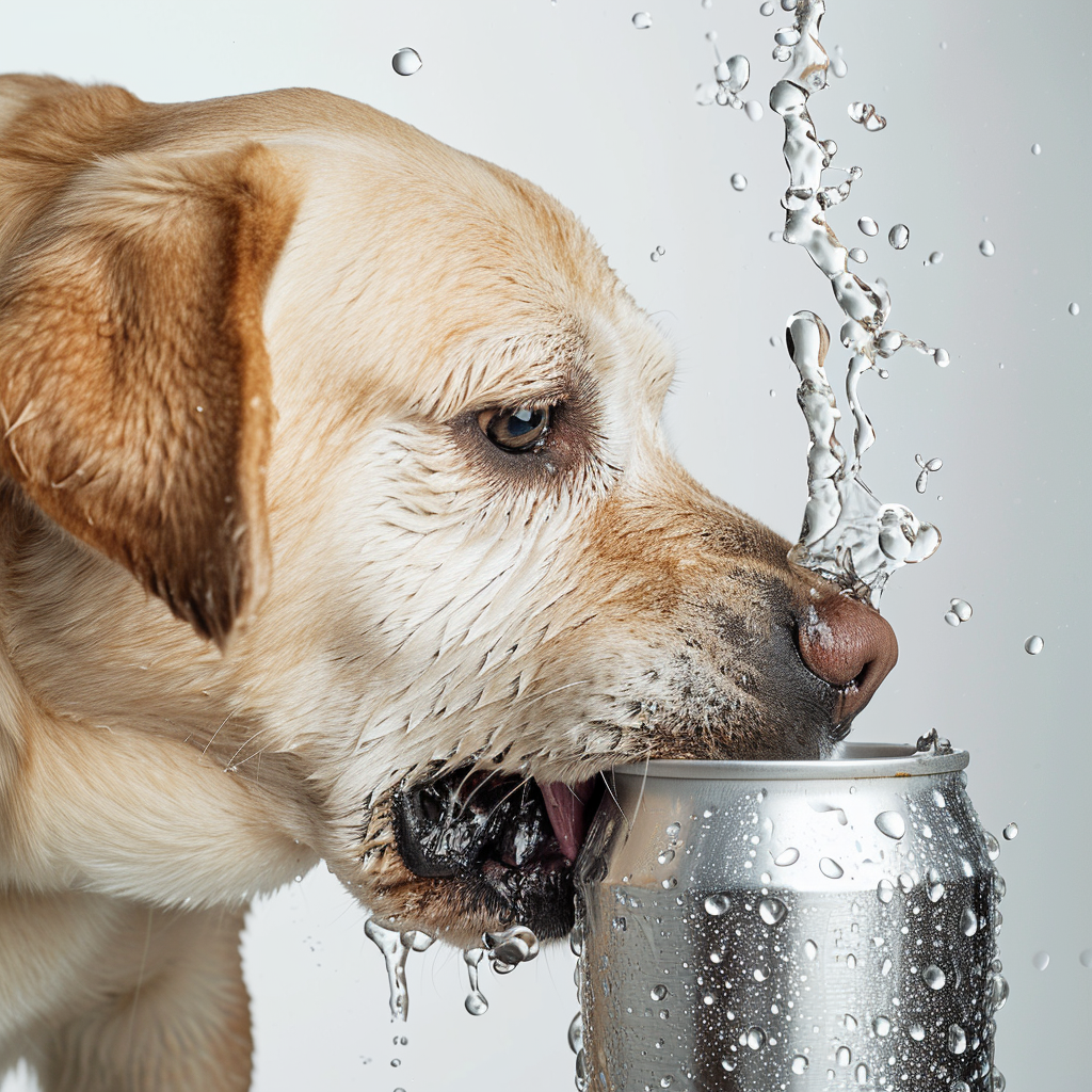 Dog drinking water from aluminum can