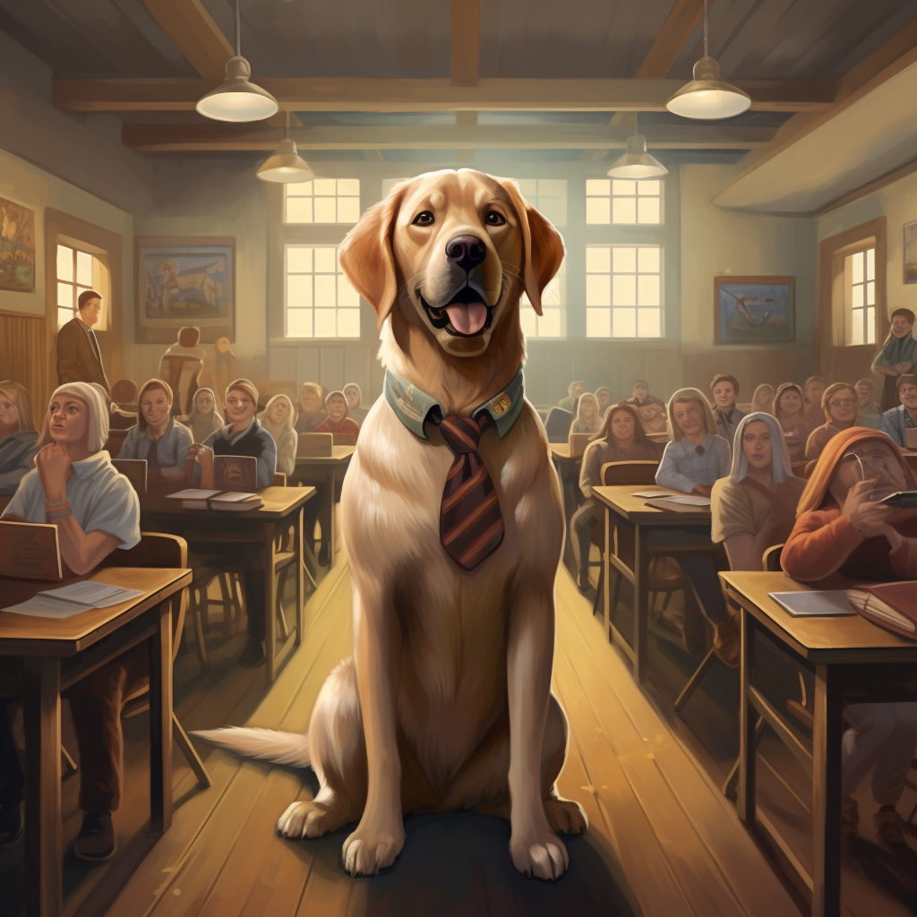 Dog entering a classroom