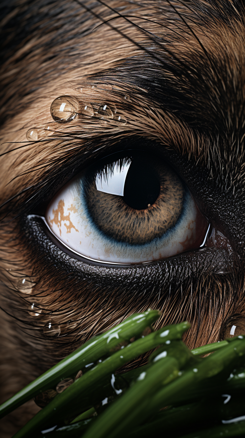 Tearful dog eye with plant and grass drops