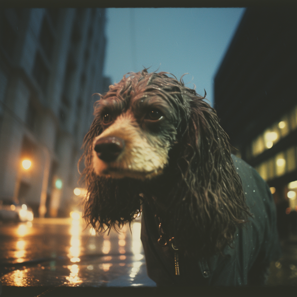 Dog Man Walking in Rain