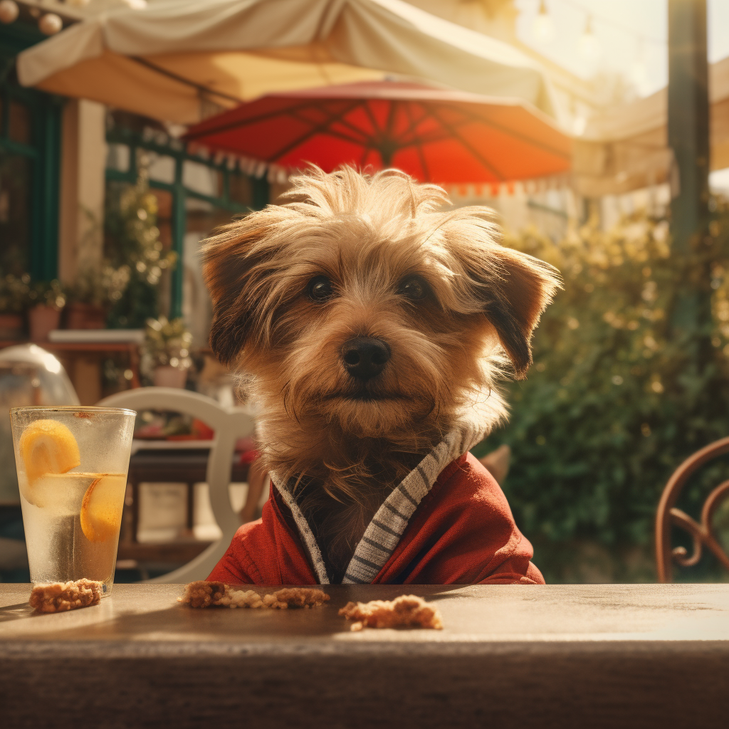 Dog patiently waiting for meal at outdoor cafe