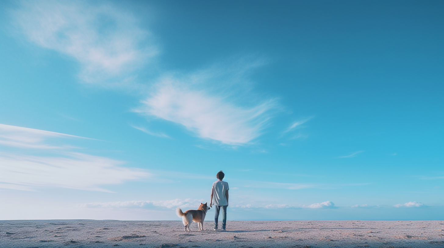 Dog and owner bid farewell under a blue sky