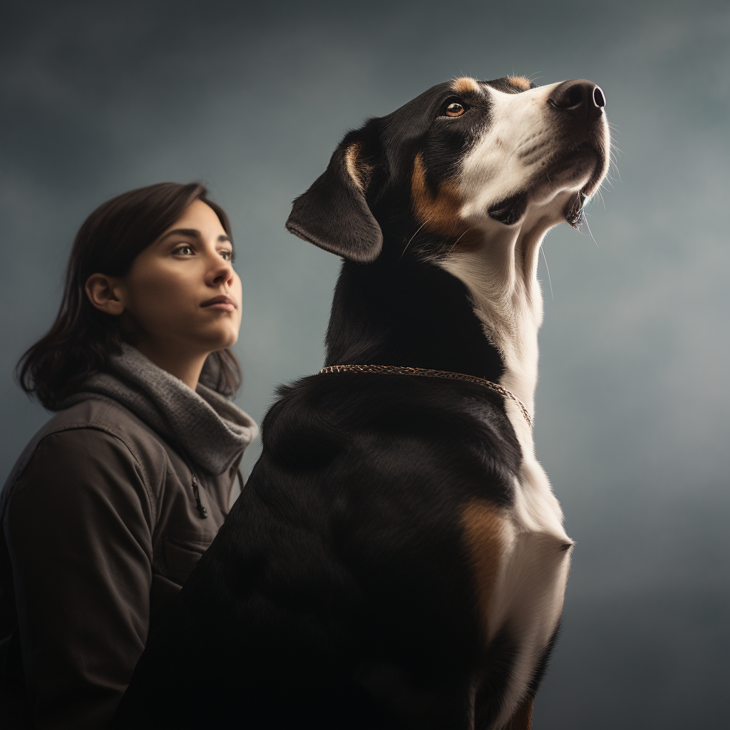 Loving dog gazes up at owner