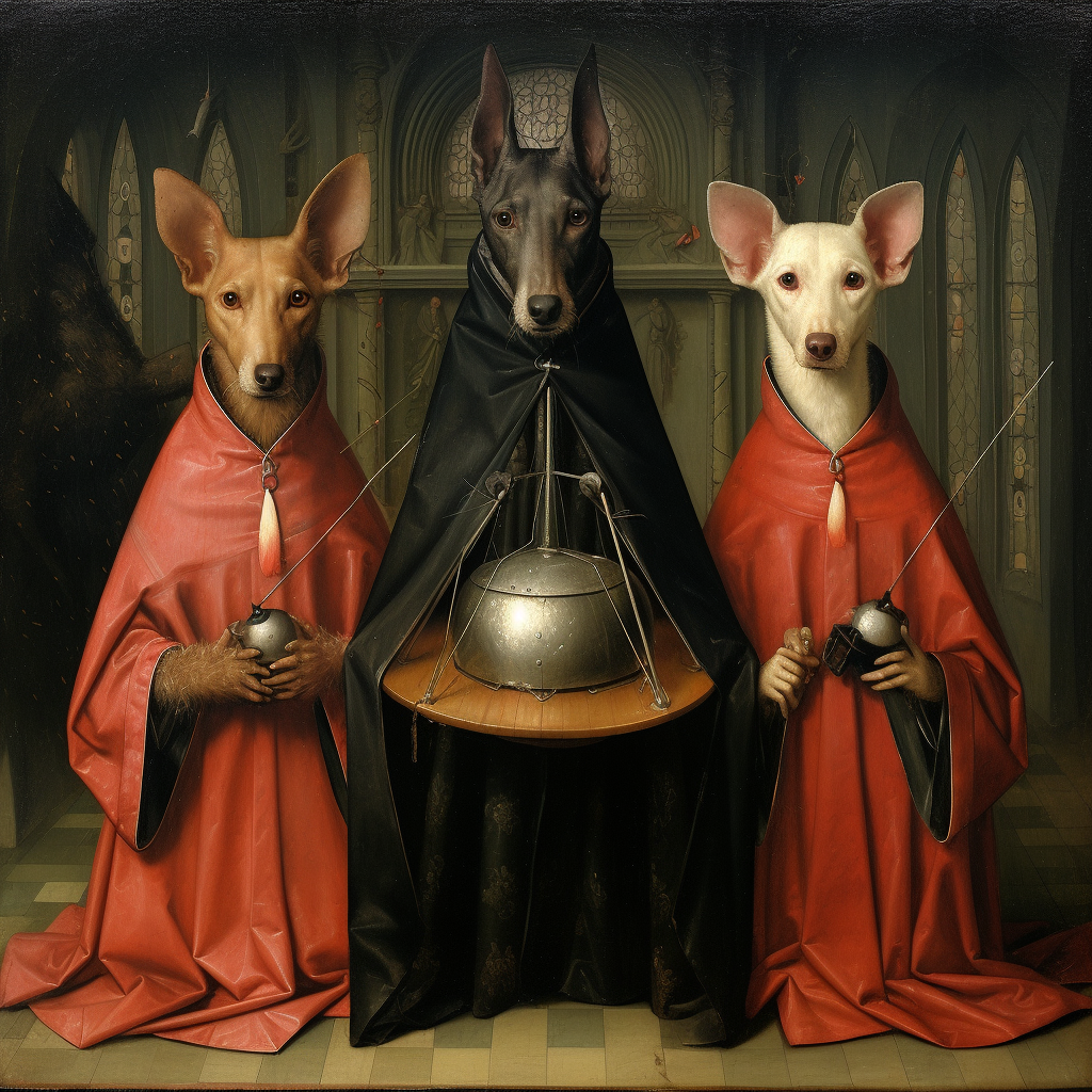 Playful dogs in a triptych artwork