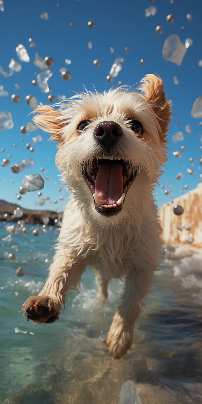 Happy dog playing with seagulls on the beach