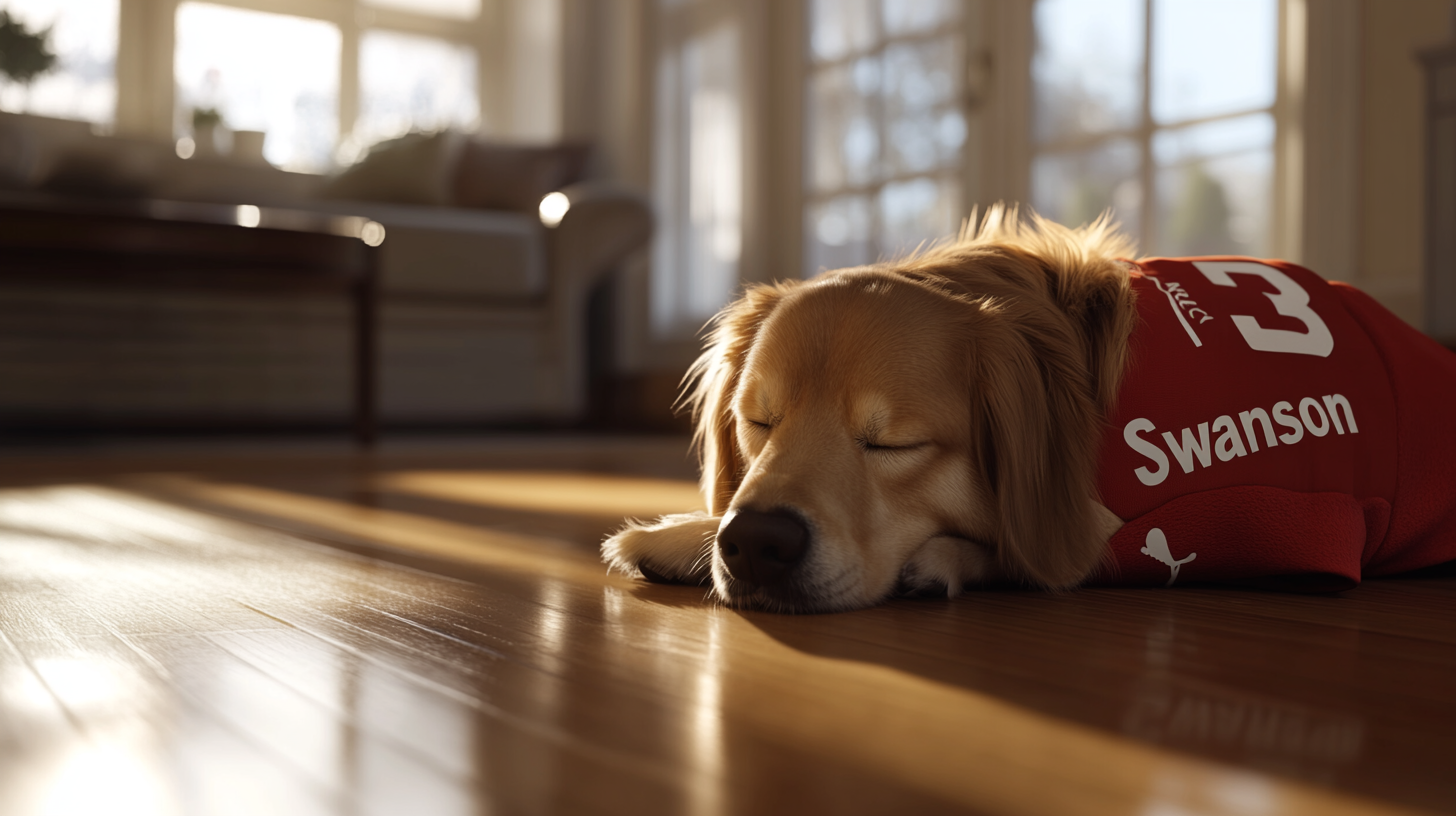 Dog in Soccer Jersey Relaxing