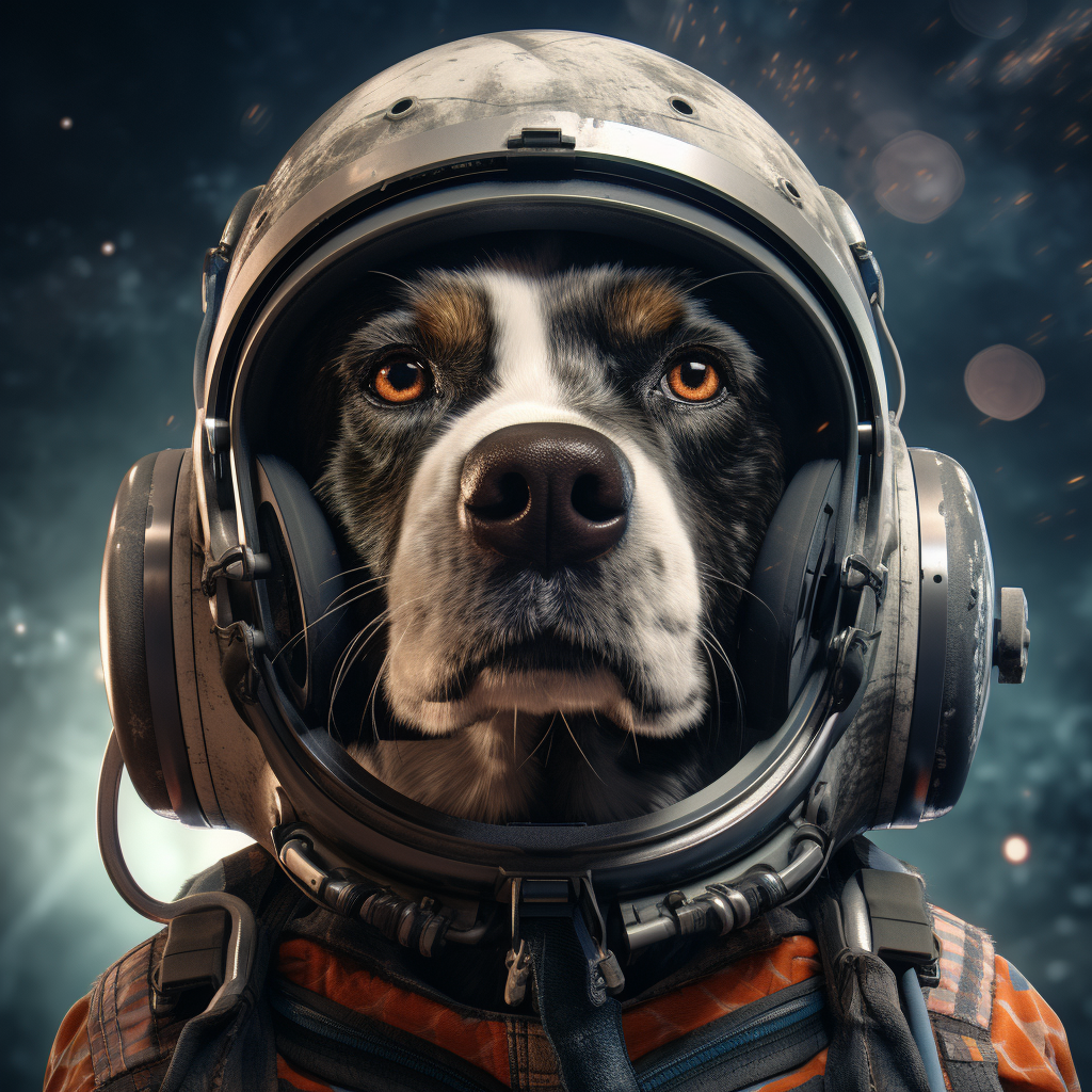 Brave dog in space suit with laser gun