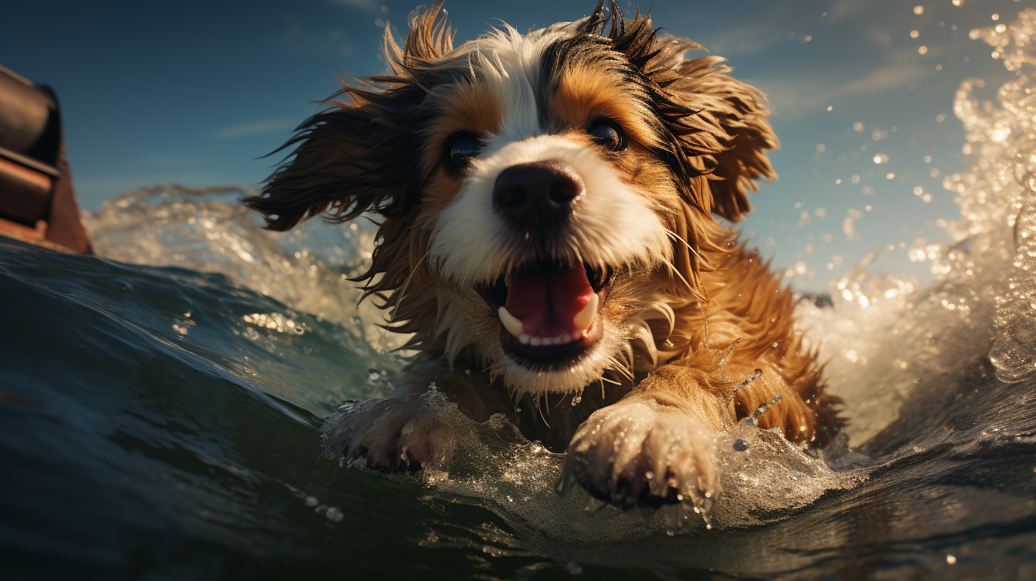 Adventurous dog surfing ocean waves