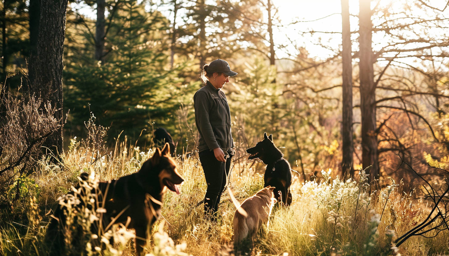 Image of skilled dog trainer with two dogs in the wild