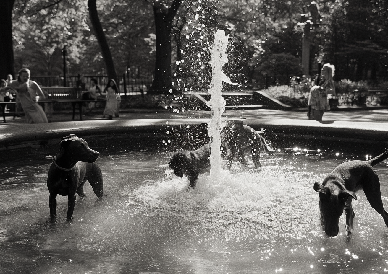 Cute dogs enjoying fountain playtime