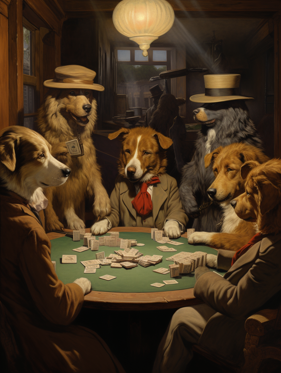 Dogs playing poker with cigars