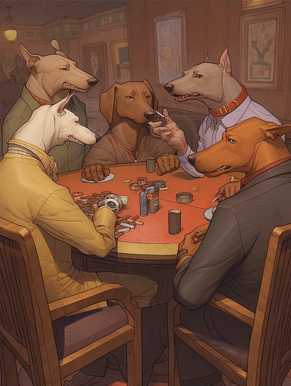 Dogs playing poker with cigars