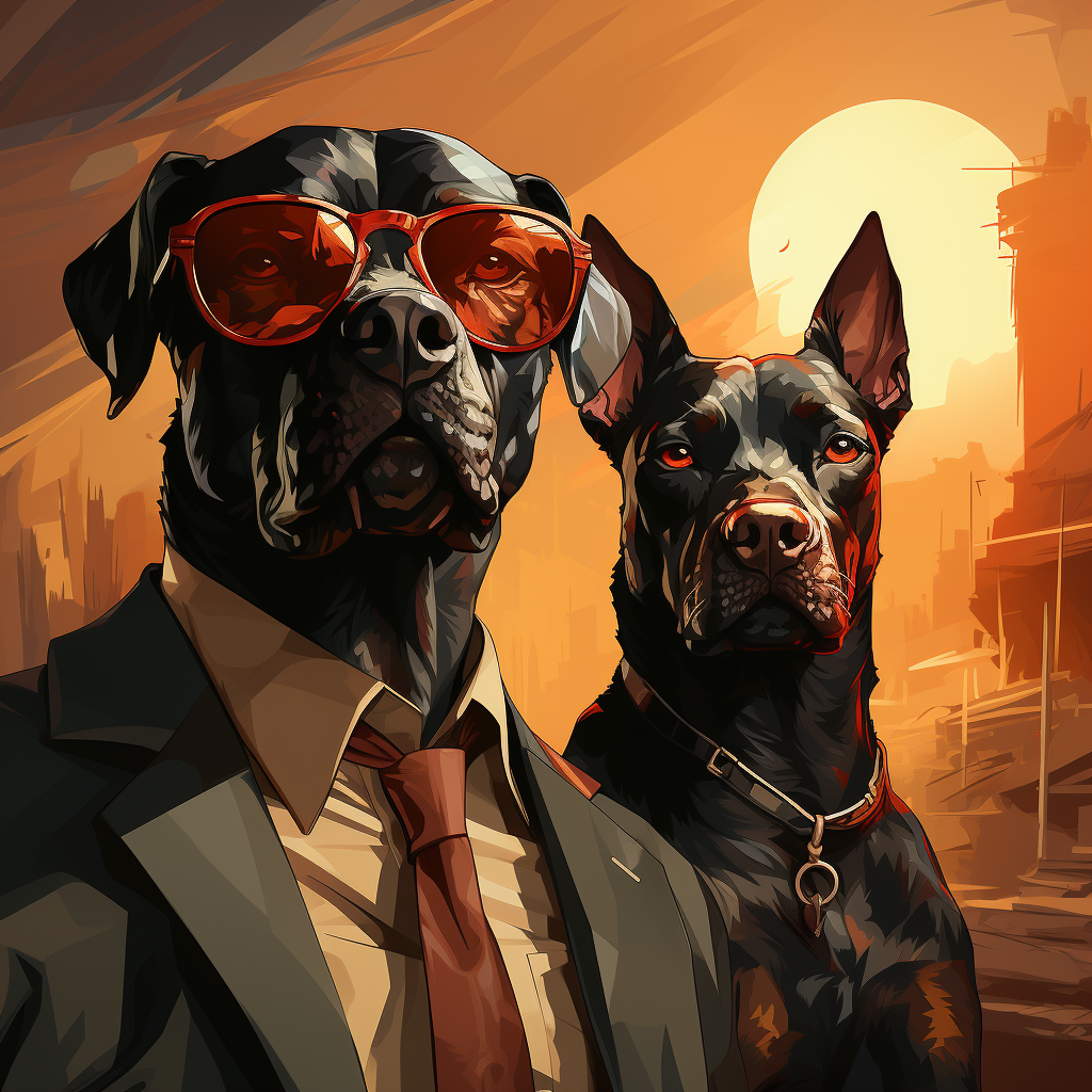 Minimalist vector illustration of dogs as mobsters