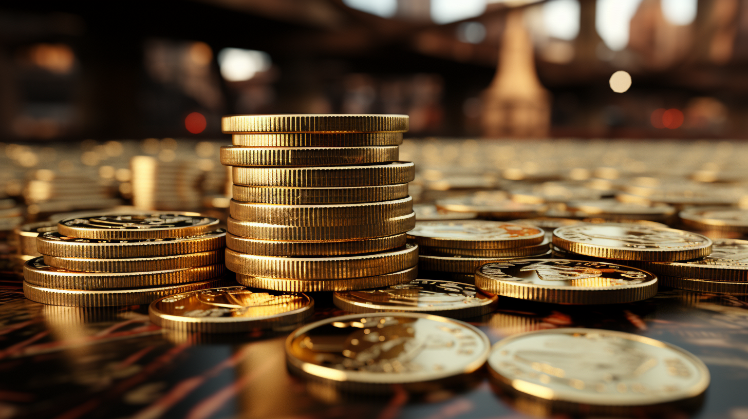 Close-up of Stacks of Dollar Bills and Gold Coins