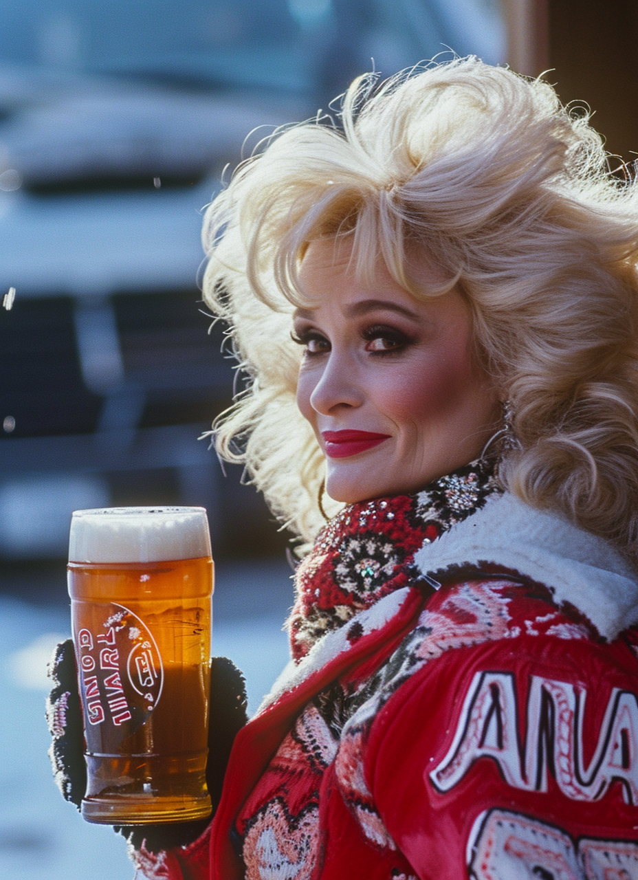 Dolly Parton holding a large beer in January