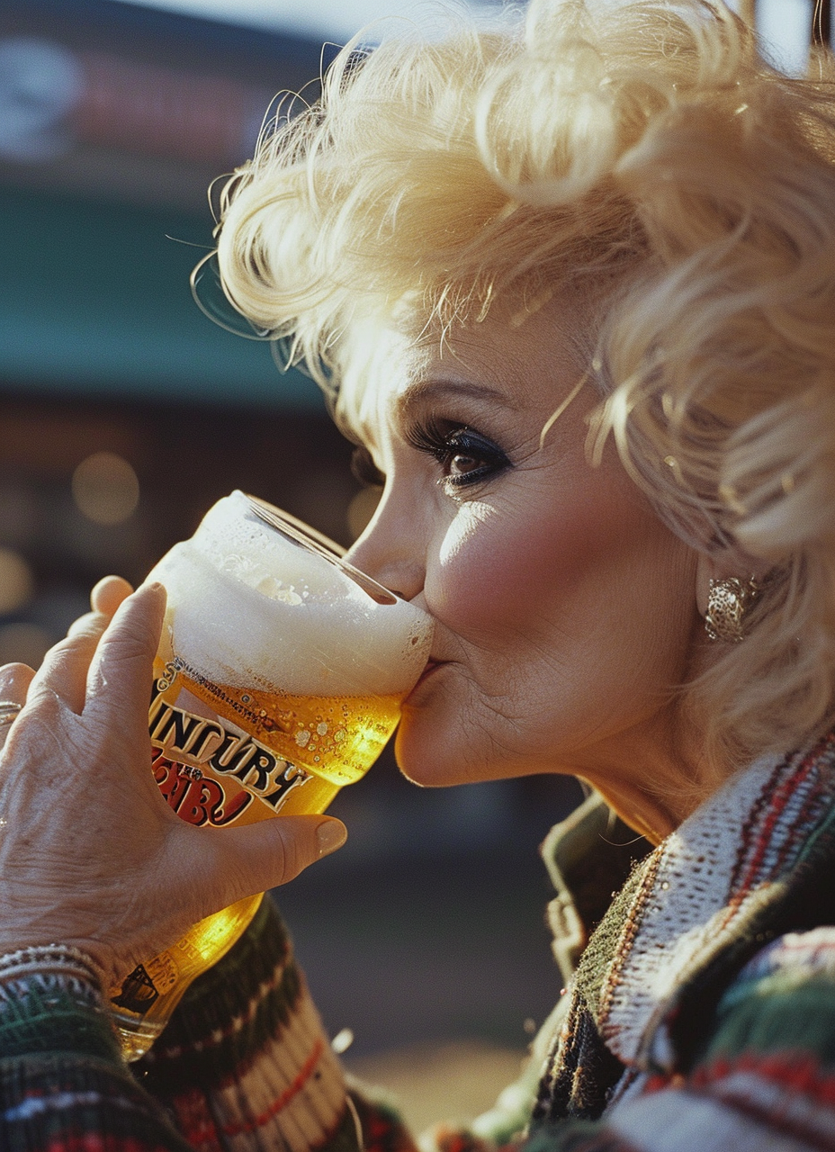 Dolly Parton sipping beer in January