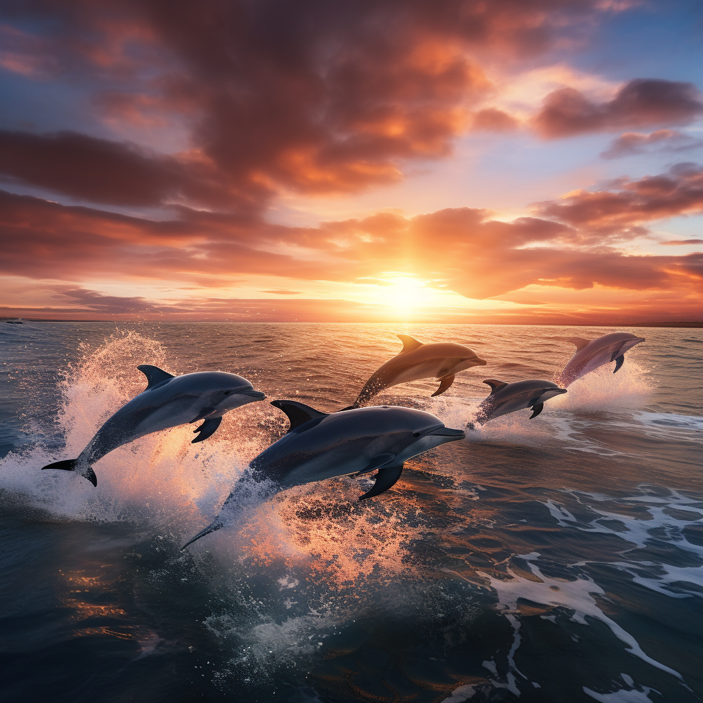 Group of dolphins jumping in sync